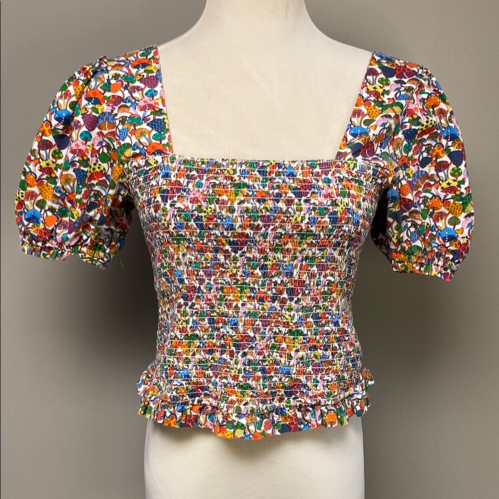 Smak Parlour Mushroom Print Smocked Crop Top (2XL)